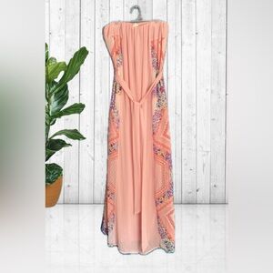 Forever 21: Strapless Sheer Pink / Floral Design Maxi Dress